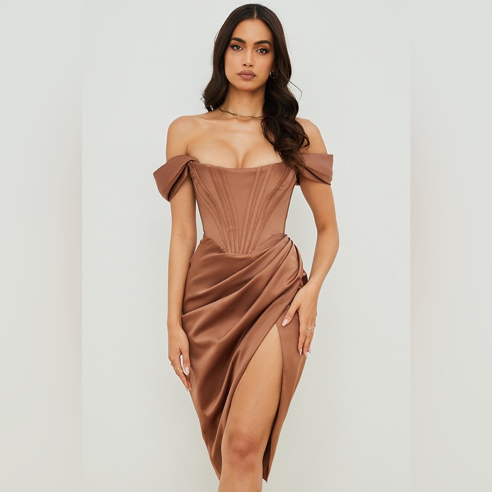House of CB Loretta Toffee Satin Off Shoulder Dress (NWOT), Size L+ Bigger Cup